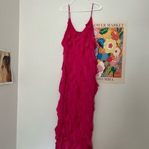 Anthropologie Fuchsia Ruffle Maxi Slip Dress